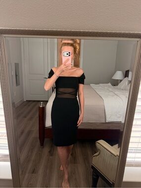 Black Halo Black Off-Shoulder Midi Dress with Sheer Waist Panel